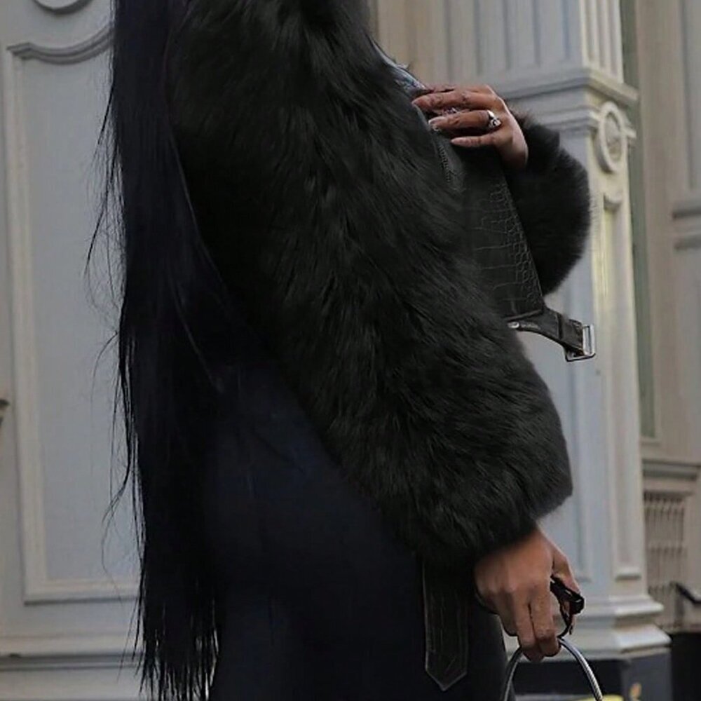 Black Casual Women's Fuzzy Zipper Contrast Faux Fur Coat And - Picture 2 of 4